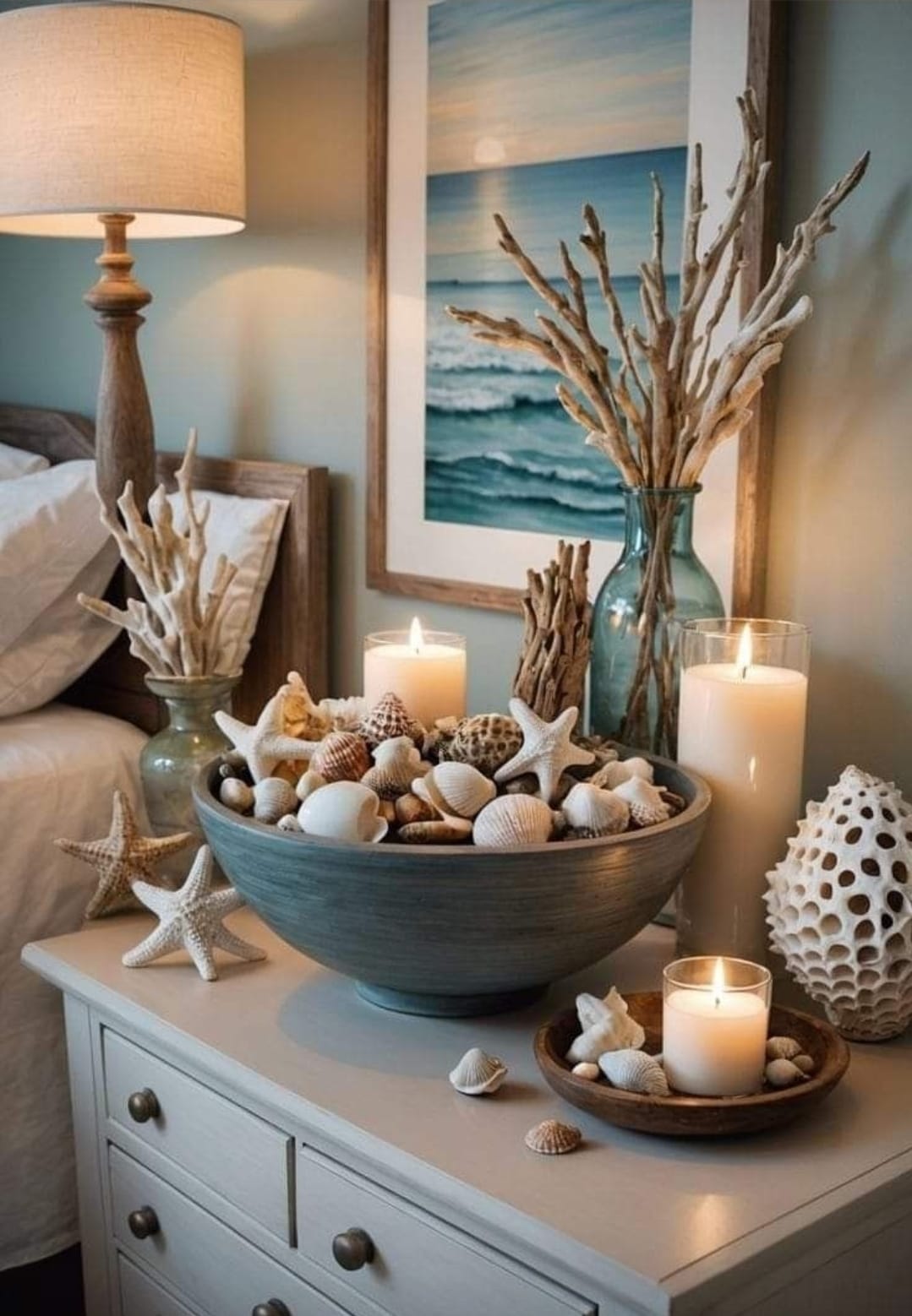 Composición decorativa de estilo mediterráneo con conchas, estrellas de mar, velas y elementos naturales. Una propuesta elegante y acogedora para llenar cualquier rincón del hogar de la esencia del verano.